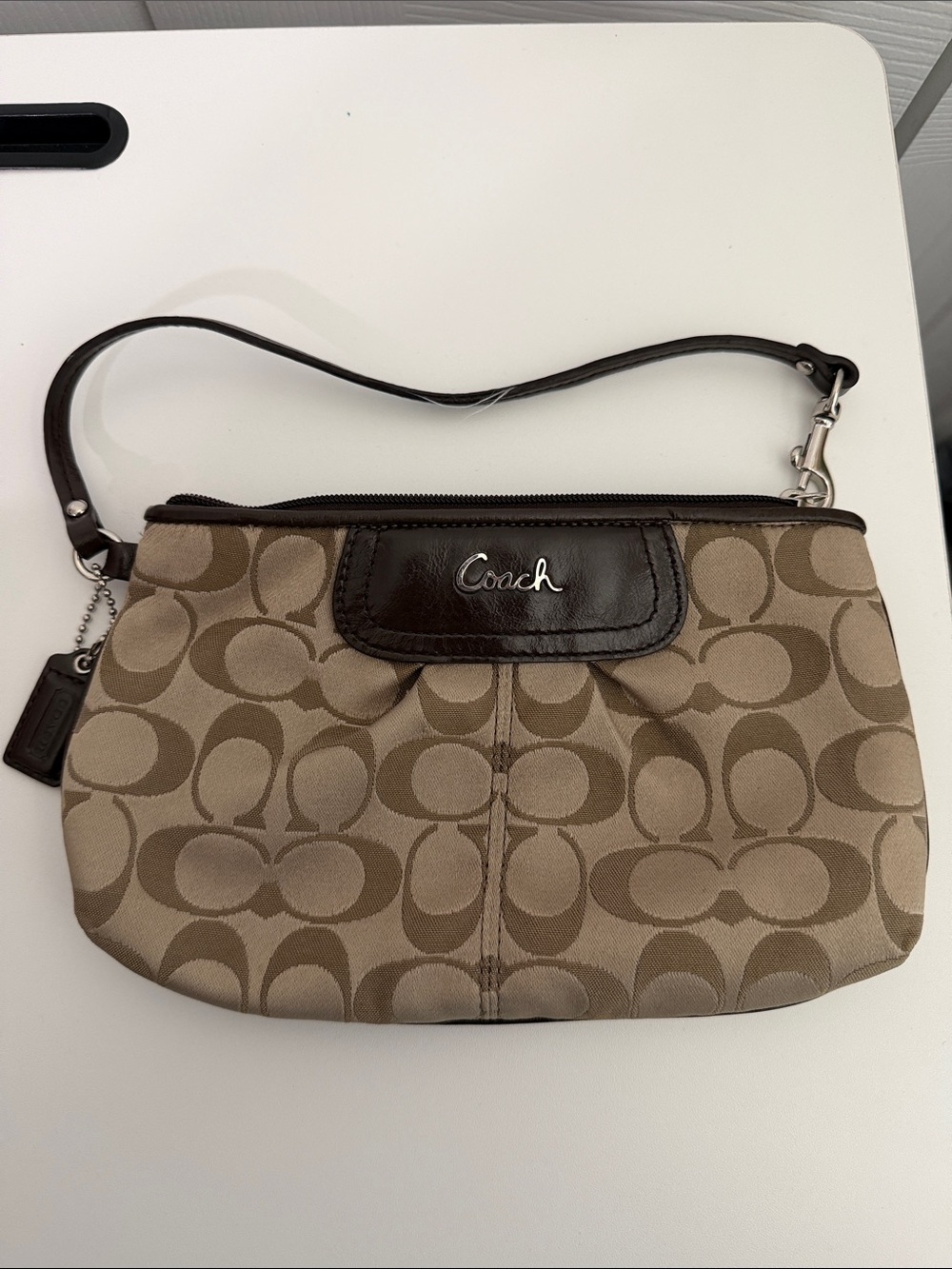 Coach Signature Canvas Wristlet in Khaki and Brown